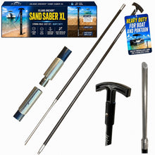 Load image into Gallery viewer, Island Anchor Sand Saber XL 8FT 2 Piece boat anchor pole with solid fiberglass sections, 316 stainless steel chisel spike, heavy duty coupler, handle, product box, and boat tag