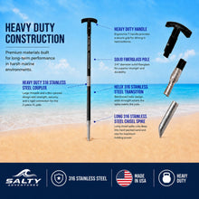 Load image into Gallery viewer, Sand Saber XL heavy duty construction image showing solid fiberglass pole, 316 stainless steel coupler, 316 stainless steel chisel spike, and T-handle for shallow water anchoring
