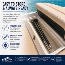 Load image into Gallery viewer, Sand Saber XL 2 Piece shallow water anchor pole stored in a boat seat compartment with two 4FT sections for easy onboard storage
